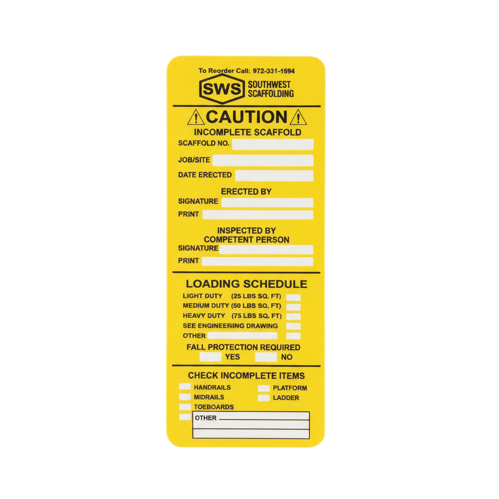 Yellow scaffold safety inspection tag front view