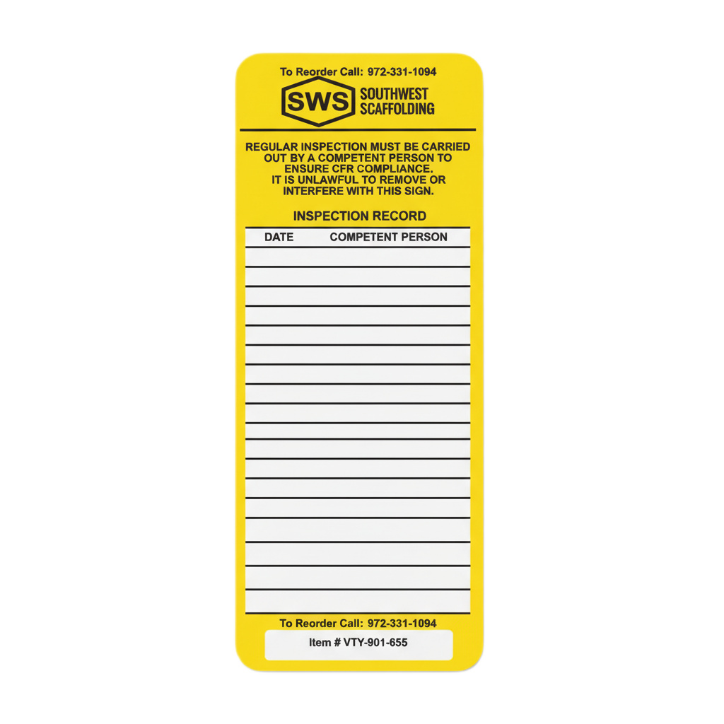 Yellow scaffold safety tag with bilingual caution and loading schedule