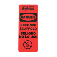 Red scaffolding danger tag, bilingual safety warning, indicating unsafe conditions on a construction site.
