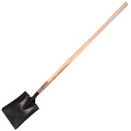 A 48-inch wood handle square point shovel with a 14-gauge tempered steel blade, designed for heavy-duty digging and material handling in construction and landscaping.
