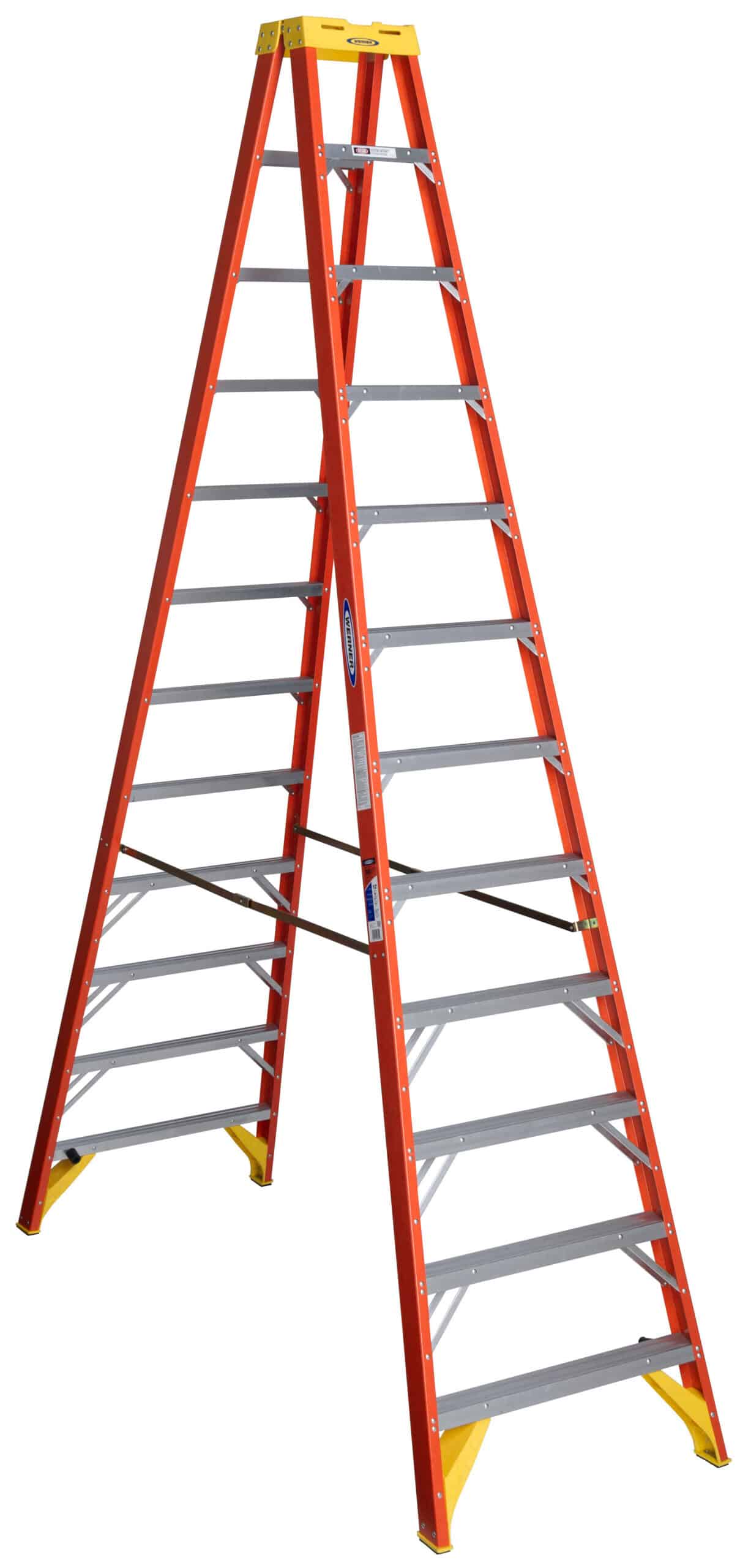 A 10-foot Werner fiberglass twin stepladder, Type 1A, designed for robust commercial and industrial scaffolding, providing superior safety and stability for elevated work.