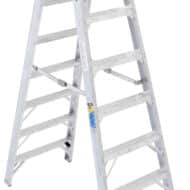 An 8-foot Werner aluminum twin stepladder, Type 1AA, designed for heavy-duty commercial and industrial scaffolding, providing superior safety and stability for elevated work.