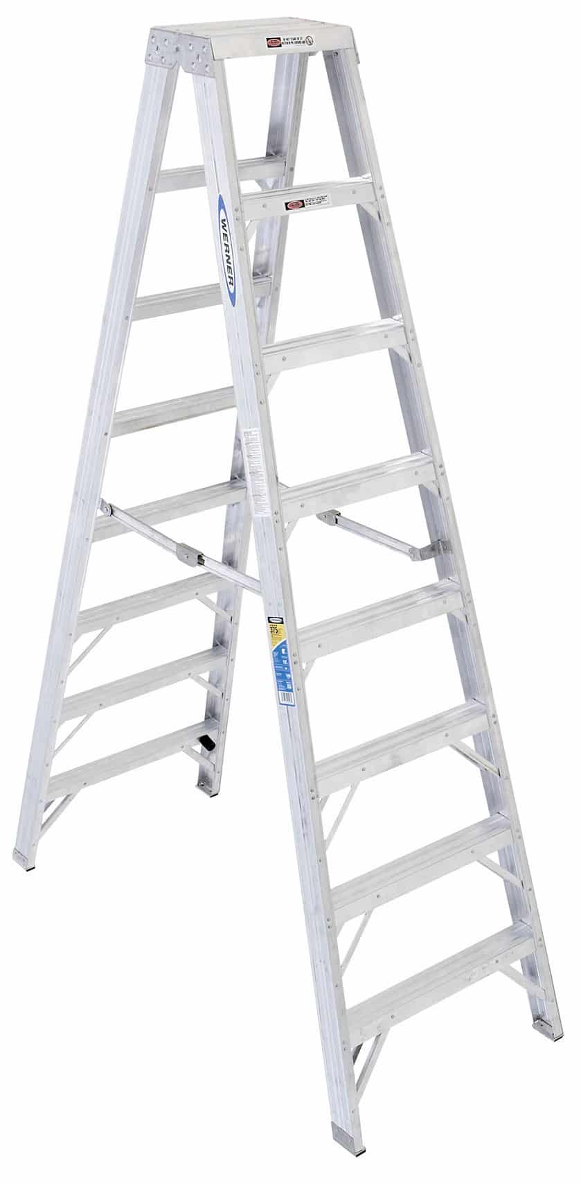 An 8-foot Werner aluminum twin stepladder, Type 1AA, designed for heavy-duty commercial and industrial scaffolding, providing superior safety and stability for elevated work.