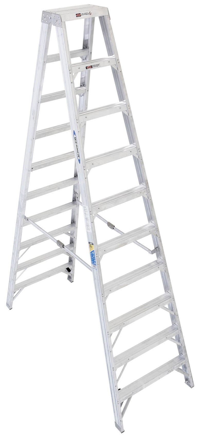 A 10-foot Werner aluminum twin stepladder, Type 1AA, designed for heavy-duty commercial and industrial scaffolding, providing superior safety and stability for elevated work.