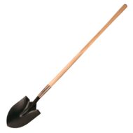Industrial 48-inch long wood handle round point shovel with 14-gauge tempered steel blade, designed for heavy-duty digging and material handling in construction and landscaping.