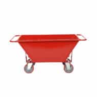 A 7.75 cubic foot mortar/mud tub with wheels, made from 10-gauge red steel, designed for heavy-duty masonry and construction work, offering easy transport and durability.
