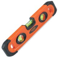 9-inch orange magnetic plastic torpedo level with three yellow vials for masonry and construction