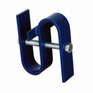 Blue powder-coated putlog parallel hanger for mounting scaffold trusses parallel to frame bearers.