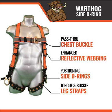 WARTHOG Safety Harness Features Diagram - Front View with Labeled Components