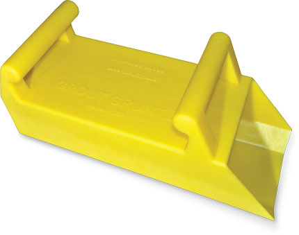 Grout Grunt II high-capacity masonry grout scoop in safety yellow