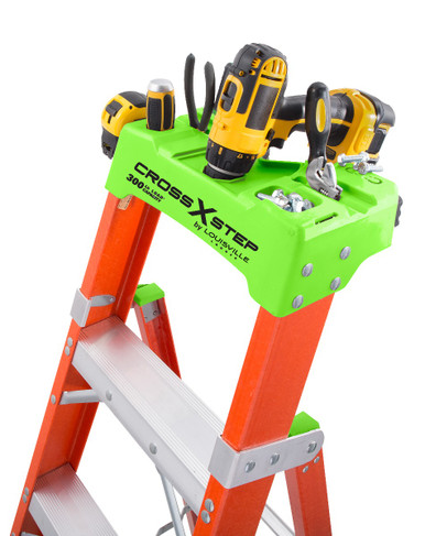 FXS1500 Louisville Fiberglass Cross-Step Ladder ProTop detail with integrated magnet and tool slots