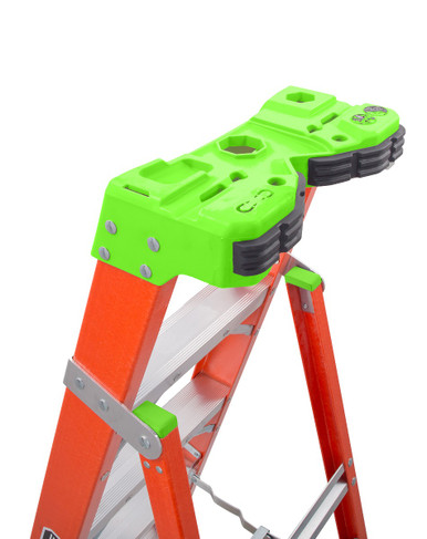 FXS1500 Louisville Fiberglass Cross-Step Ladder ProTop detail with power drill and hand tools