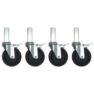 MPU-CAST5-SQ-4P 4-pack of 5-inch locking scaffolding casters with square stems on a white background, each with a black wheel, galvanized metal housing, and vertical square mounting stem
