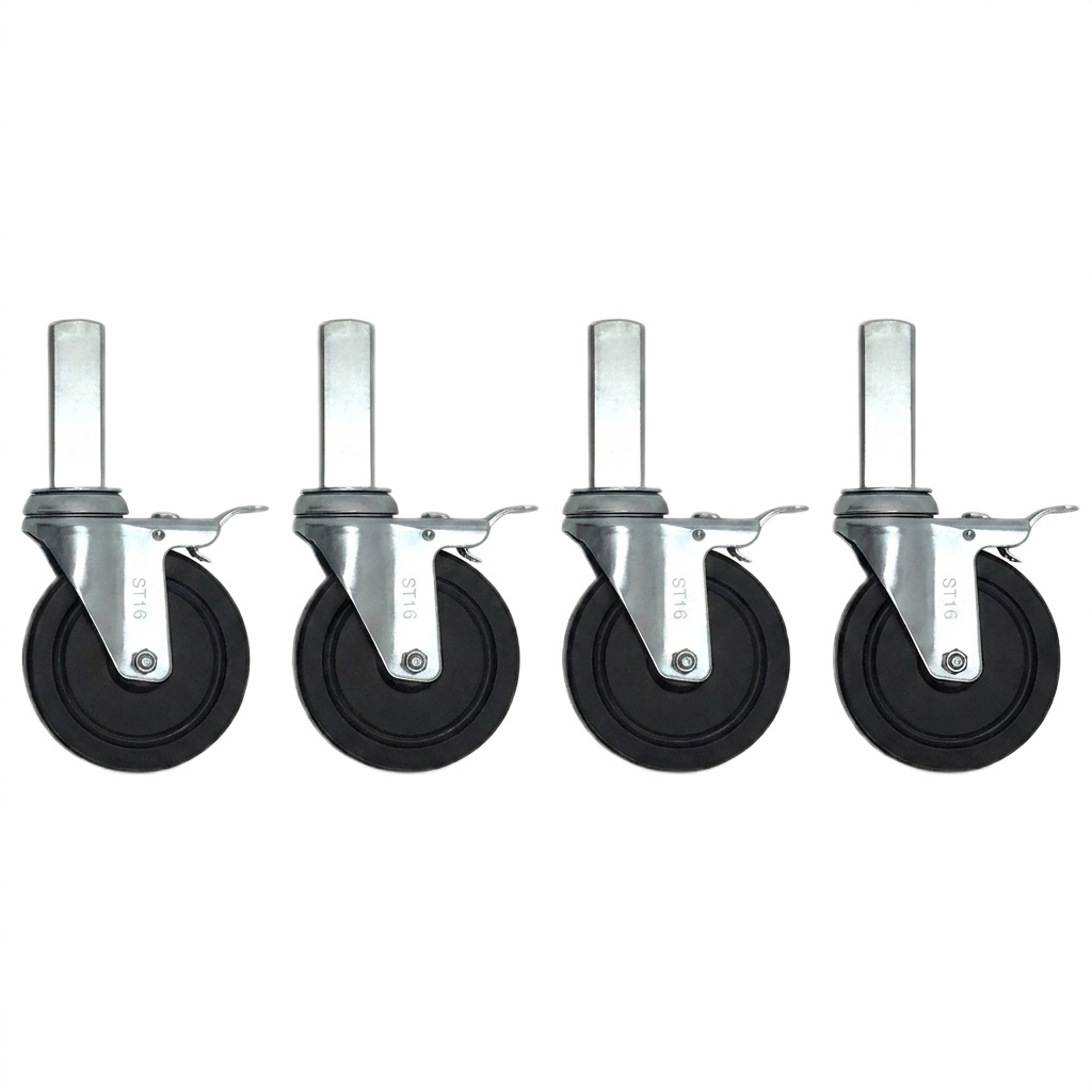 MPU-CAST5-SQ-4P 4-pack of 5-inch locking scaffolding casters with square stems on a white background, each with a black wheel, galvanized metal housing, and vertical square mounting stem